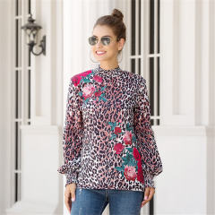 Stand Collar Printed Tops Lantern Sleeve Shirt For Women PQOM9100A