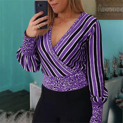 Deep V-Neck Criss-Cross Top for Women Sexy Stripe Print Blouses PQOM9175C