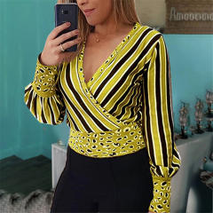 Deep V-Neck Criss-Cross Blouses for Women Sexy Stripe Print Top PQOM9175B