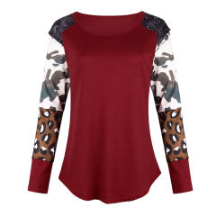 Long-sleeved Autumn Top Leopard Print T-shirt for Women PQOM9170C