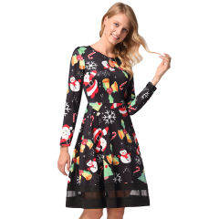 Long Sleeve Vintage Dress Slim Retro Christmas Print Midi Dress PQ1219