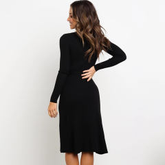 Tie Pure Color Long Sleeve Casual Dress Autumn Fashion Slim Midi Dresses PQ22859B