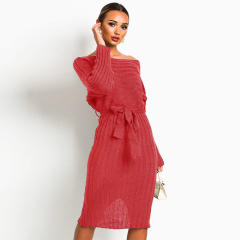 Winter Women Knitted Sweater Dress Mid-length Pullover Midi Dress PQ2005A