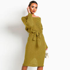 Winter Women Knitted Sweater Dress Mid-length Pullover Midi Dress PQ2005A