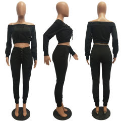 Black Color Fashion Sweater Off Shoulder Casual Two Piece Suits PQCM302B
