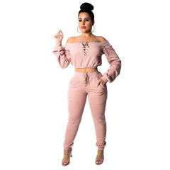Black Color Fashion Sweater Off Shoulder Casual Two Piece Suits PQCM302B