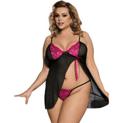 Plus Size Sleepwear Furcate Babydoll With Rose G-String PQ80355