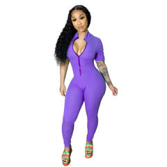Front Zippers Bodysuit Women Summer Jumpsuits Solid Color Streetwear PQAJ4317C