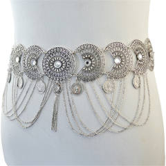 Silver Fashion Hollow Crystal Chain Tassel Geometric Retro Coin Waist Chain PQN6340B