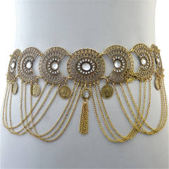 Silver Fashion Hollow Crystal Chain Tassel Geometric Retro Coin Waist Chain PQN6340B