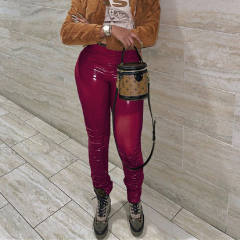 Blue Wetlook PU Pants Faux Leather Leggings for Women PQXM6120F