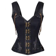 Black Faux Leather Steampunk Corset Sexy PU Gothic Corselet For Women PQ679A