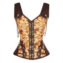 Brown Faux Leather Steampunk Corset Sexy PU Gothic Corselet For Women PQ679B