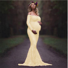 Floral Maternity Gown Maxi Photography Dress Women's Long Sleeve Lace Dresses PQ8927D