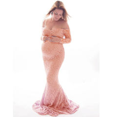 Floral Maternity Gown Maxi Photography Dress Women's Long Sleeve Lace Dresses PQ8927D
