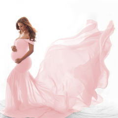 Wine Red Long Maternity Dress Elegant Pregnant Gown Off Shoulder Mesh Maxi Dresses Party Clothing PQ1869C
