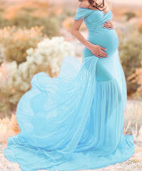 Wine Red Long Maternity Dress Elegant Pregnant Gown Off Shoulder Mesh Maxi Dresses Party Clothing PQ1869C