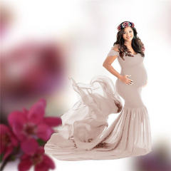 Wine Red Long Maternity Dress Elegant Pregnant Gown Off Shoulder Mesh Maxi Dresses Party Clothing PQ1869C