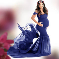 Wine Red Long Maternity Dress Elegant Pregnant Gown Off Shoulder Mesh Maxi Dresses Party Clothing PQ1869C