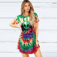 Purple Round Neck Casual Dresses Summer Alien Print Women's Short Sleeve T-shirt PQLQ057B