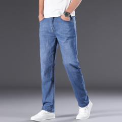 Light Blue Plus Size Denim Pants Men Mature Jeans Summer Casual Trousers PQ301A