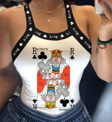Digital Queen Print T-shirt For Women Sexy Back Bowknot Summer Vest Top PQ20805A