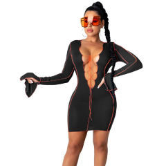 Red Sexy V-neck Lace-up Clubwear Flared Sleeve Mini Dress PQ1267A
