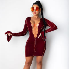 Red Sexy V-neck Lace-up Clubwear Flared Sleeve Mini Dress PQ1267A