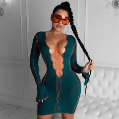 Red Sexy V-neck Lace-up Clubwear Flared Sleeve Mini Dress PQ1267A