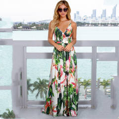 Light Blue Floral Print Maxi Dress Sexy V-neck Summer Boho Dress PQLQ053C