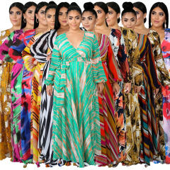 Fashion V-neck Flower Beach Dress Long Sleeve Chiffon Boho Dresses PQ5502