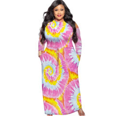 Red Tie-dyed Plus Size Dress Fashion Long Sleeve Maxi Dresses PQ1064A