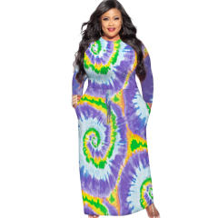 Red Tie-dyed Plus Size Dress Fashion Long Sleeve Maxi Dresses PQ1064A