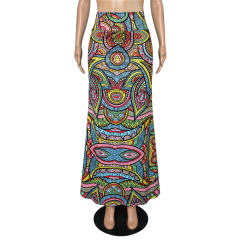 Women Long Skirt National High Waist Geometric Print Maxi Skirt PQ9456