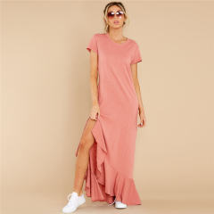Short Sleeve Maxi Dresses Women Solid Color Boho Dress PQLQ099A