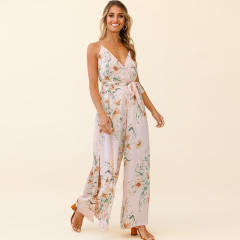 Pink Summer V-Neck Streetwear Wide Leg Jumpsuit For Women PQLQ109A