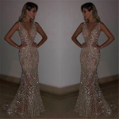 Silver V-neck Sequin Party Dress For Women Sexy Evening Dresses PQ1310B