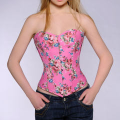 Light Blue Flaral Print Overbust Corselet For Women Sexy Corset PQH57A