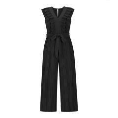 Dark Blue High Waist Pleated Jumpsuit Women Wide Leg Pants PQLQ281C