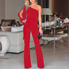 Solid Color One Shoulder Jumpsuit High Waist Pants Women PQ8604