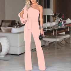 Solid Color One Shoulder Jumpsuit High Waist Pants Women PQ8604