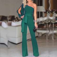 Solid Color One Shoulder Jumpsuit High Waist Pants Women PQ8604