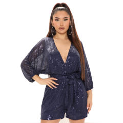 Dark Blue Sequin Rompers High Waist Skinny Jumpsuit Women PQ8812B