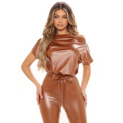 Brown Faux Leather Jumpsuit Wholesale PU Streetwear Women PQ8771B