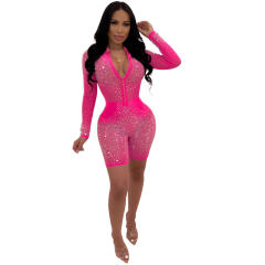 Pink Rhinestone Long Sleeve Bodysuit Women Sequin Jumpsuit PQ3243B