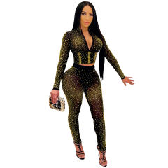 Black Rhinestone Two Pieces Sets Women Sequin Jumpsuit PQ5206