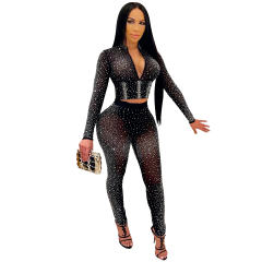 Black Rhinestone Two Pieces Sets Women Sequin Jumpsuit PQ5206