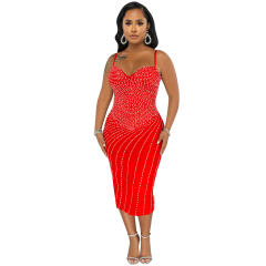 Black Wholesale Sequin Sexy Midi Dresses Rhinestone Bodycon Dress PQ5680