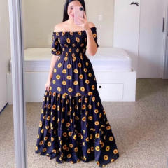 Fashion Printed Maxi Dress Plus Size Off Shoulder Boho Dresses PQ9070