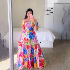 Fashion Printed Maxi Dress Plus Size Off Shoulder Boho Dresses PQ9070